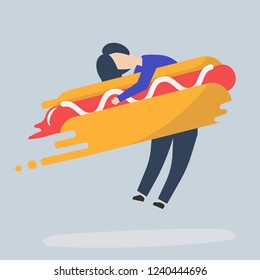 Character of a man hugging a fast food hotdog illustration