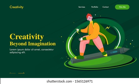 Carácter de hombre imaginario volando en un lápiz para el diseño de la página de inicio basado en el concepto Creatividad más allá de la imaginación.