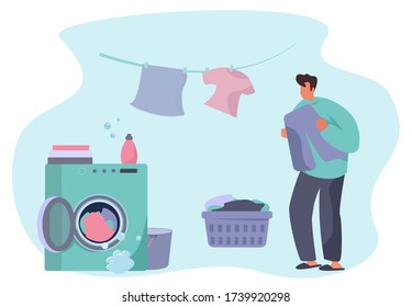 Character Man Laundering Clothes in Washing Machine.Home Household and Wash Clothes.Domestic Work.Putting Clothes in Washing Machine.Every Day Housework Routine during Quarantine.Vector Illustration
