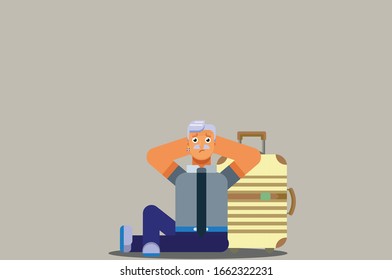A character of a man leaned back in my suitcase and felt sad, Sadly a summertime theme. Simple character vector illustration, this illustration can use as a sticker also.