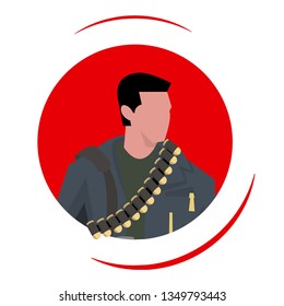 The character is a man in a leather jacket, slung over his shoulder with a machine gun belt with large cartridges. Avatar or sticker.