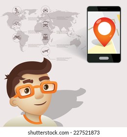 character man with locations , map in  phone