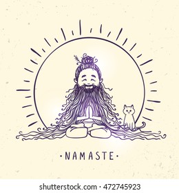 Character man in lotus meditative pose with beard and cat. Vector illustration. Practicing Yoga