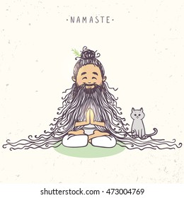 Character man in lotus meditative pose with beard and cat. Vector illustration. Practicing Yoga