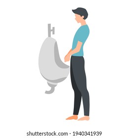 character man peeing urine toilet on white background isolate Flat vector illustration
