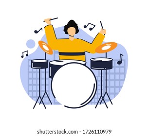 Character or man playing drum vector flat, city background. young people play musical instruments. Character concept for landing page and design tamplate, symphonic performance and group band.