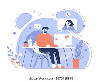 The character of the man in a protective medical mask communicates remotely over the network. Stay home during the coronavirus pandemic. Home quarantine. Vector illustration.