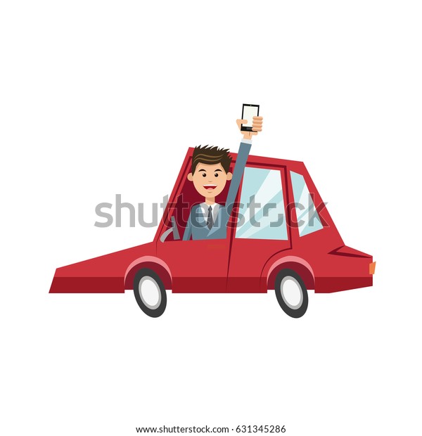 character man in red car\
with mobile phone