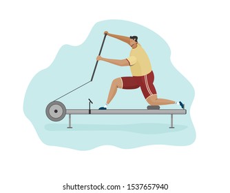character man rower on canoe machine flat illustration