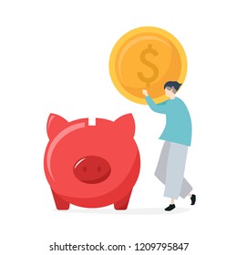 Character of a man saving money in a piggy bank illustration