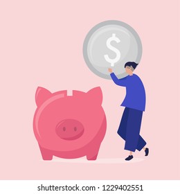 Character of a man saving money in a piggy bank illustration