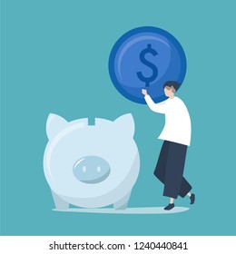 Character of a man saving money in a piggy bank illustration