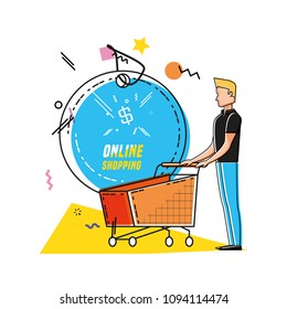 character man with shopping online icons