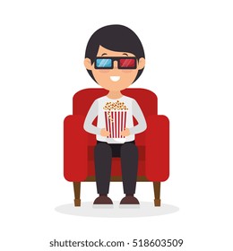 character man sitting watch 3d movie with pop corn