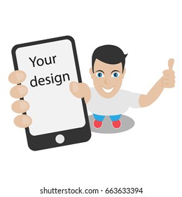 The character of a man with a smartphone in his hand. Vector, flat, isolated.