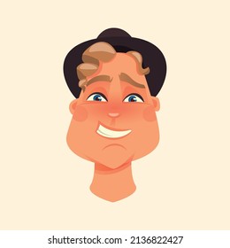 Character, a man smiling in a hat with blond curly hair. Portrait of a happy guy. Vector illustration.