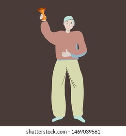 Character man standing with a gold trophy on dark background. Big achievement. Vector illustration.