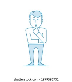 Charaktere ist ein Mensch, der über ein Problem nachdenkt. Eine Geste des Nachdenkens oder Denkens. Illustration im Strichstil. Vektorgrafik in blauen Farben.