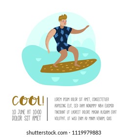 Character Man Surfing at the Beach Poster, Banner, Brochure. Guy Cartoon Surfer. Water Sport Concept. Vector illustration