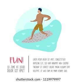 Character Man Surfing at the Beach Poster, Banner, Brochure. Guy Cartoon Surfer. Water Sport Concept. Vector illustration