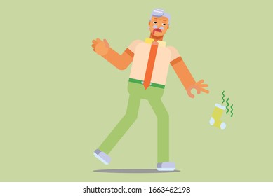 A character of a man takes a smelly sock with disgust expression, summer theme. Simple character vector illustration, this illustration can use as a sticker also.