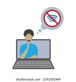 Character man think why no signal internet at laptop or notebook. Business man with computer