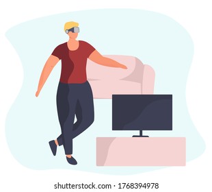 Character Man using a VR Headset and Experiencing Virtual Reality.Wearing a Virtual Relaity Headset.Hi Tech Character.Flat Vector Illustration