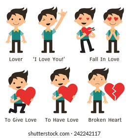 Character of man in various poses about love, fall in love, making hand sign 'I love you', and broken heart. Flat design. 