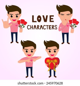 Character of man in various poses about love,  making hand sign I love you, give a gift.Vector Illustration.