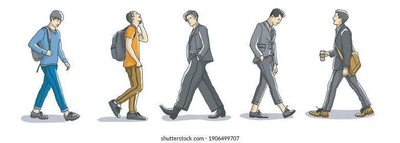 Character man walking in the street. hand drawn style vector outline design illustrations.
