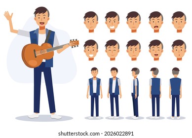 Character of a man wear casual clothing with acoustic guitar in various views,Flat vector 2D Cartoon character illustration.