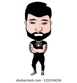 The character of a man wearing a black casual attire with tattoos on arms standing facing to the front view.