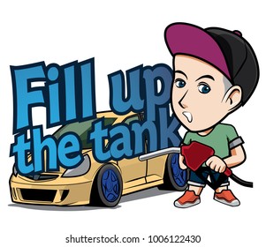 The character Man wearing hat with Caption Fill Up The Tank