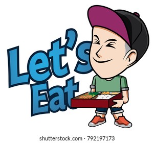 The character Man wearing hat with Caption Let's Eat