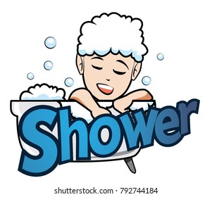 The character Man wearing hat with Caption Shower
