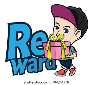 The character Man wearing hat with Caption, Reward 