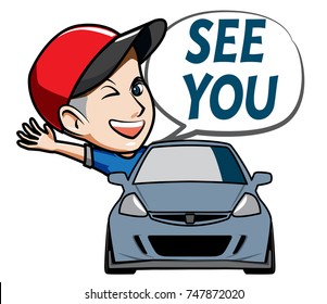 The character Man wearing hat with City Car