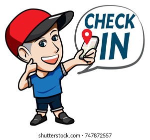 The character Man wearing hat with Selfie Check in Point