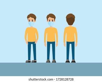 character A man wearing a medical mask, front, back, side, to prevent covid plague Isolated vector illustration