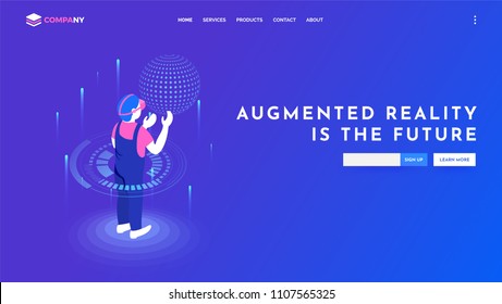 Character of man wearing vr glasses interact with virtual interface. Website banner or template design for Augmented reality concept.