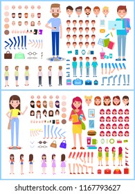 Character man and woman constructor with emotions and faces, skin color and accessories, vector illustration isolated on white background