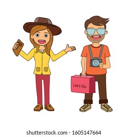 character man and woman cute cartoon traveler with luggage isolate on white Background Camera photography and photo picture travel around the world concept. paper art, vector, banner, Card, Poster,