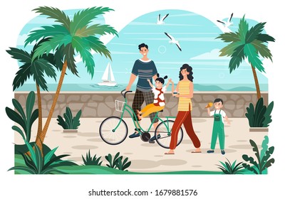 Character man, woman, kid, summer family walking, bike travel, rest promenade, flat vector illustration. Father, mother, kid walk seafront, ocean shore, vacation and holiday. Design web banner.
