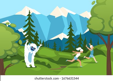 Character man, woman running away from bigfoot in forest on mountain background design vector illustration. Flat yeti monster from forest attack, scared people, outdoor travel, hike trip.