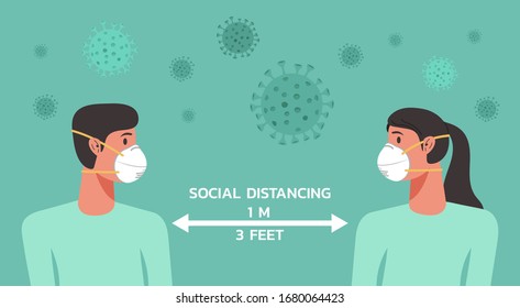 character of man and woman wearing n95 mask maintain social distancing to prevent from virus spreading, flu prevention, coronavirus or covid-19, social isolation and self quarantine concept