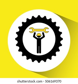 character man worker construction and gears with wrench icon vector illustration