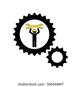 character man worker construction and gears with wrench icon vector illustration