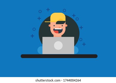 Personaje trabajando en laptop