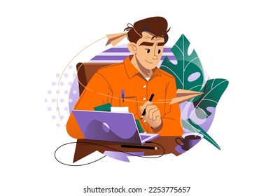 Character man working on project at a desk in office vector illustration. Focused wor process concept.