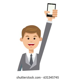 character man young suit tie and holding smartphone